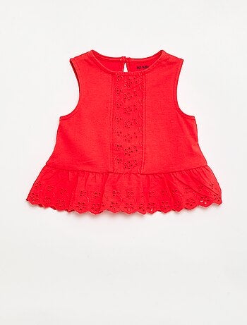 T-shirt senza maniche in jersey di cotone con dettagli in pizzo sangallo