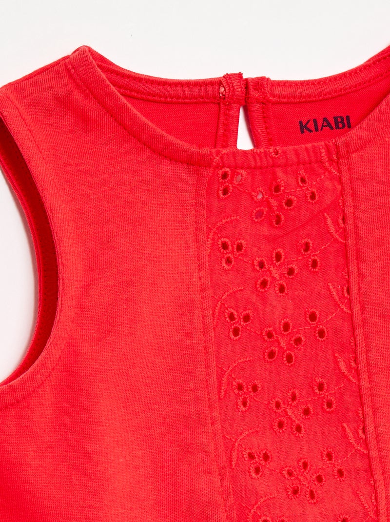 T-shirt senza maniche in jersey di cotone con dettagli in pizzo sangallo Rosso - Kiabi