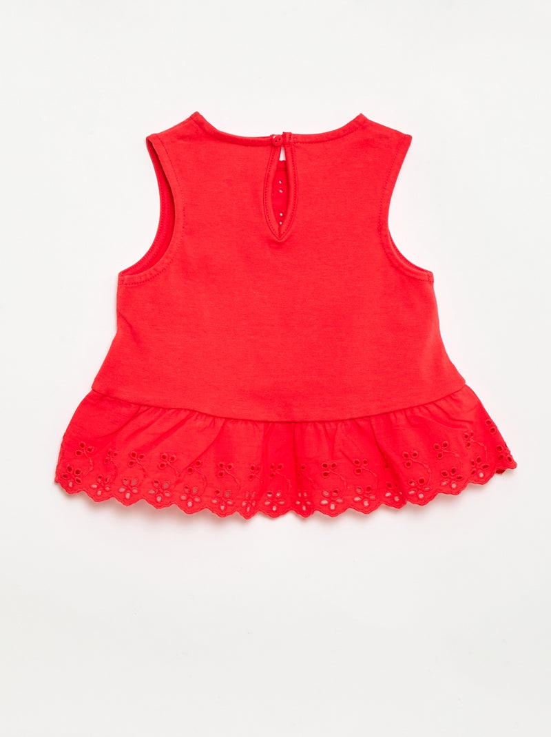 T-shirt senza maniche in jersey di cotone con dettagli in pizzo sangallo Rosso - Kiabi
