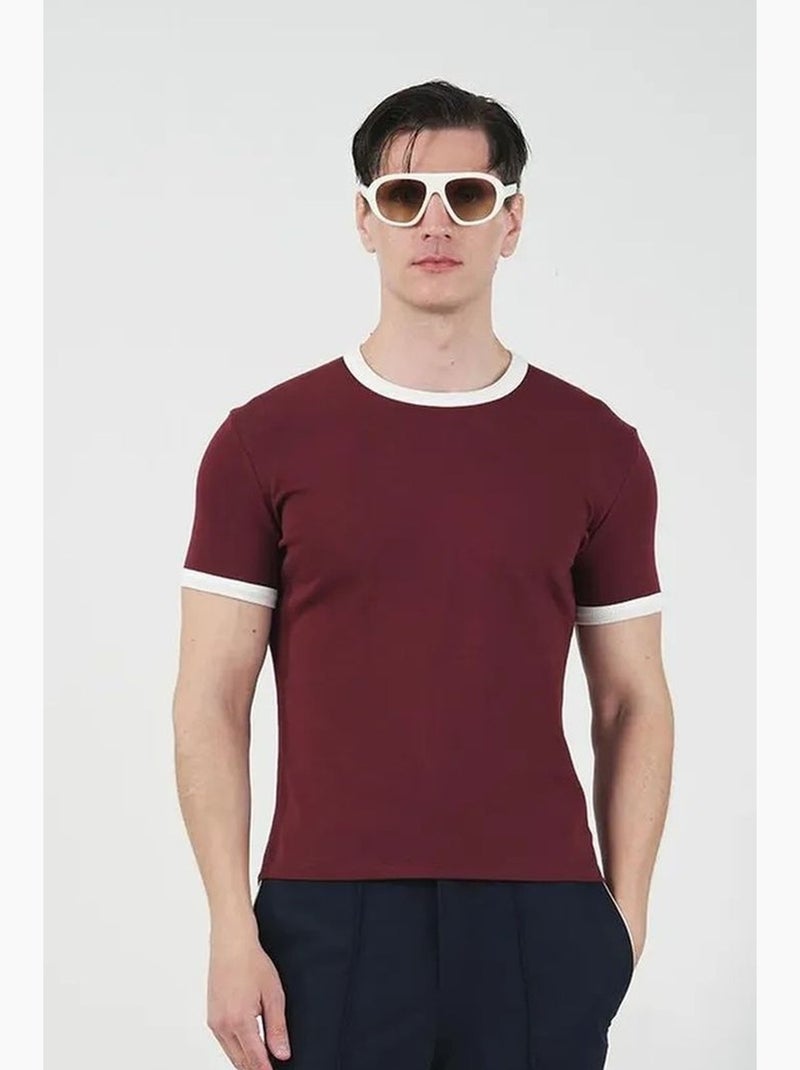 T-shirt slim fit con girocollo e bordatura a contrasto giesto Rosso bordeaux - Kiabi