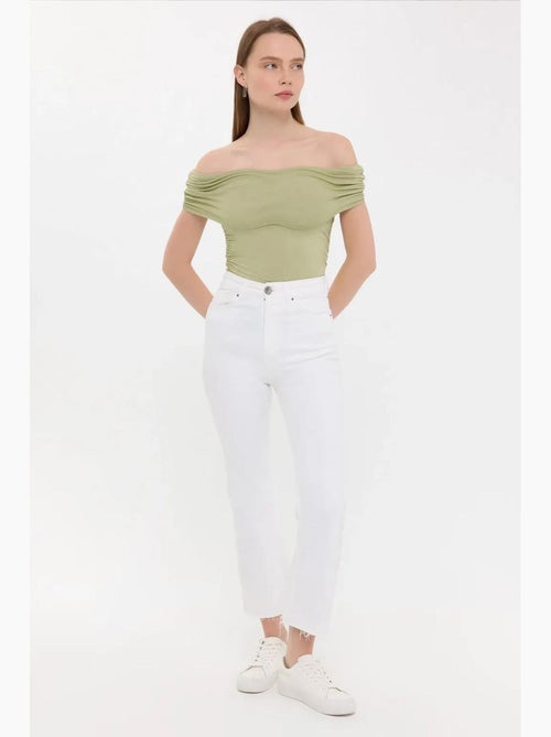 T-shirt spalle scoperte arricciata aderente manica corta hiccup - Kiabi T-shirt spalle scoperte arricciata aderente manica corta hiccup - Kiabi