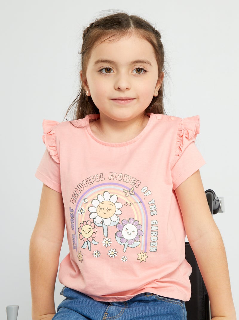 T-shirt stampata con bottoni a pressione sulle spalle ROSA - Kiabi