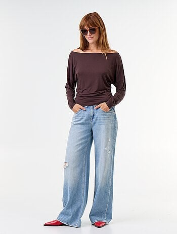 T-shirt stretch a maniche lunghe con arricciatura laterale