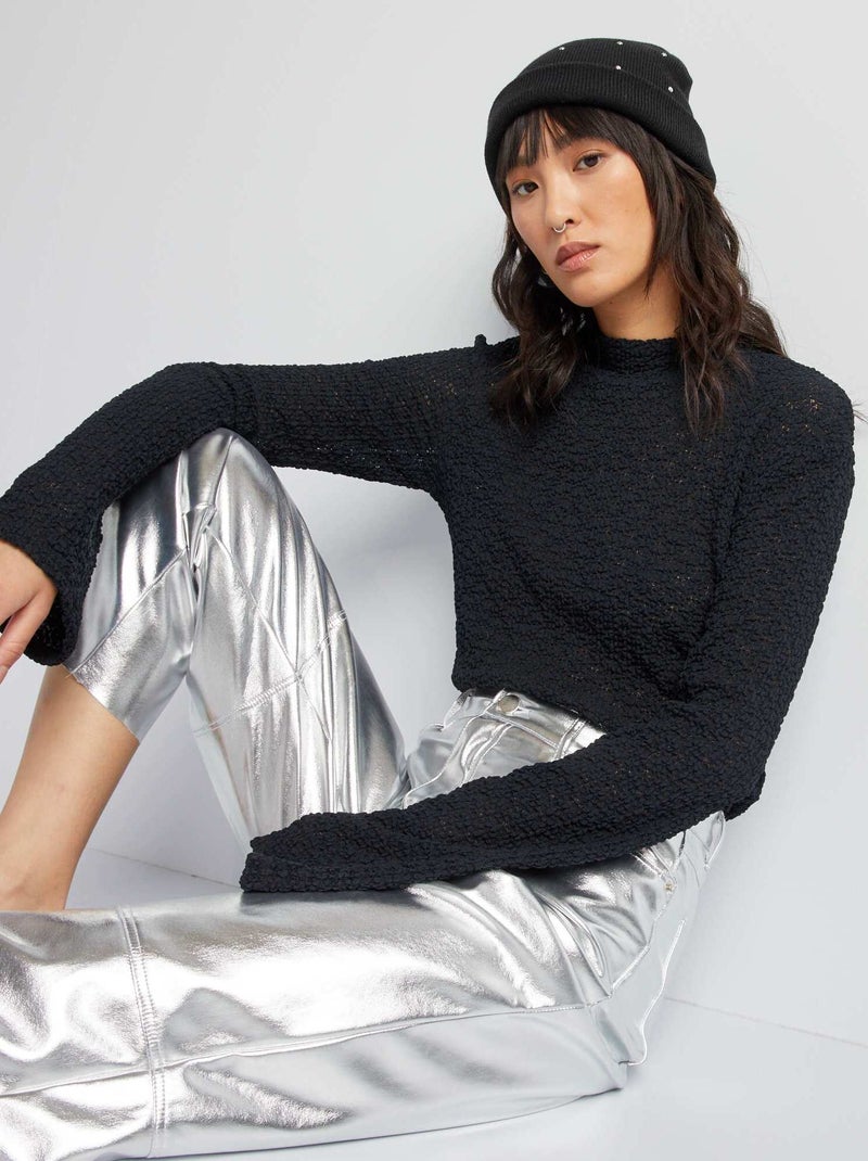 T-shirt stretch in maglia traforata con pizzo nero - Kiabi