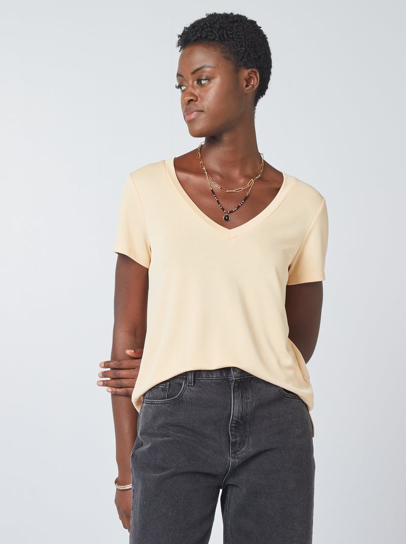 T-shirt stretch scollo a V BEIGE - Kiabi