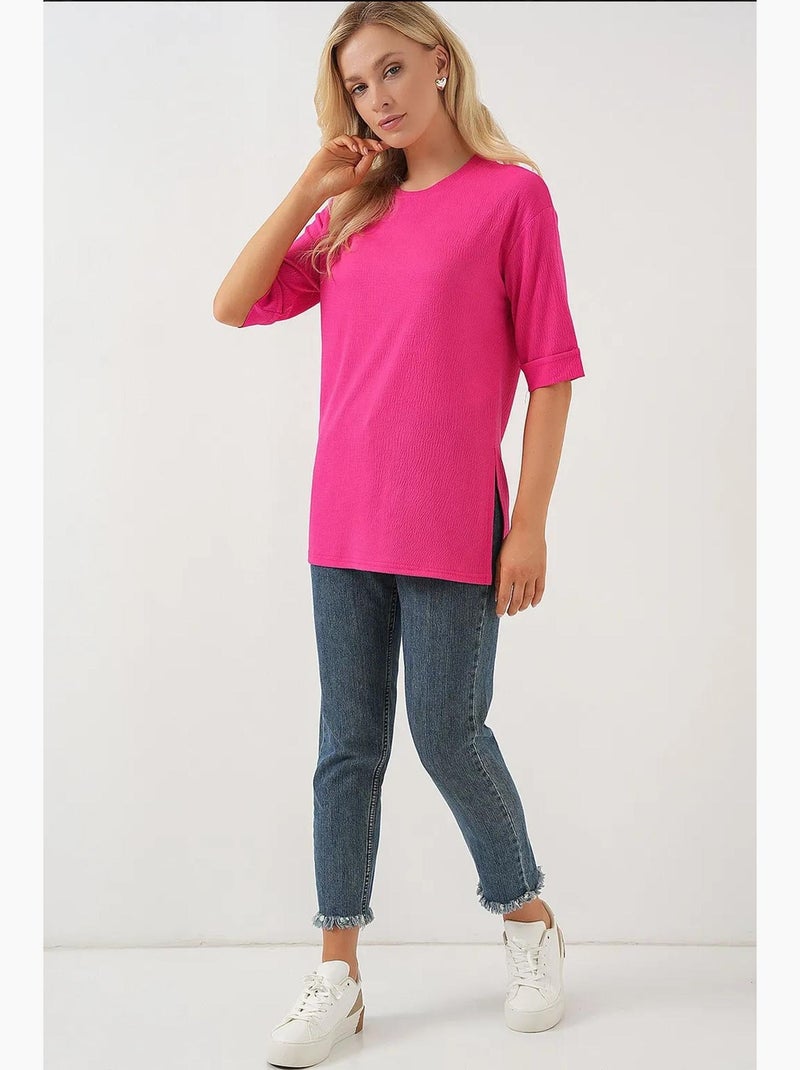 T-shirt testurizzata girocollo a maniche corte bdart Rosa fluo/Solinotes - Kiabi
