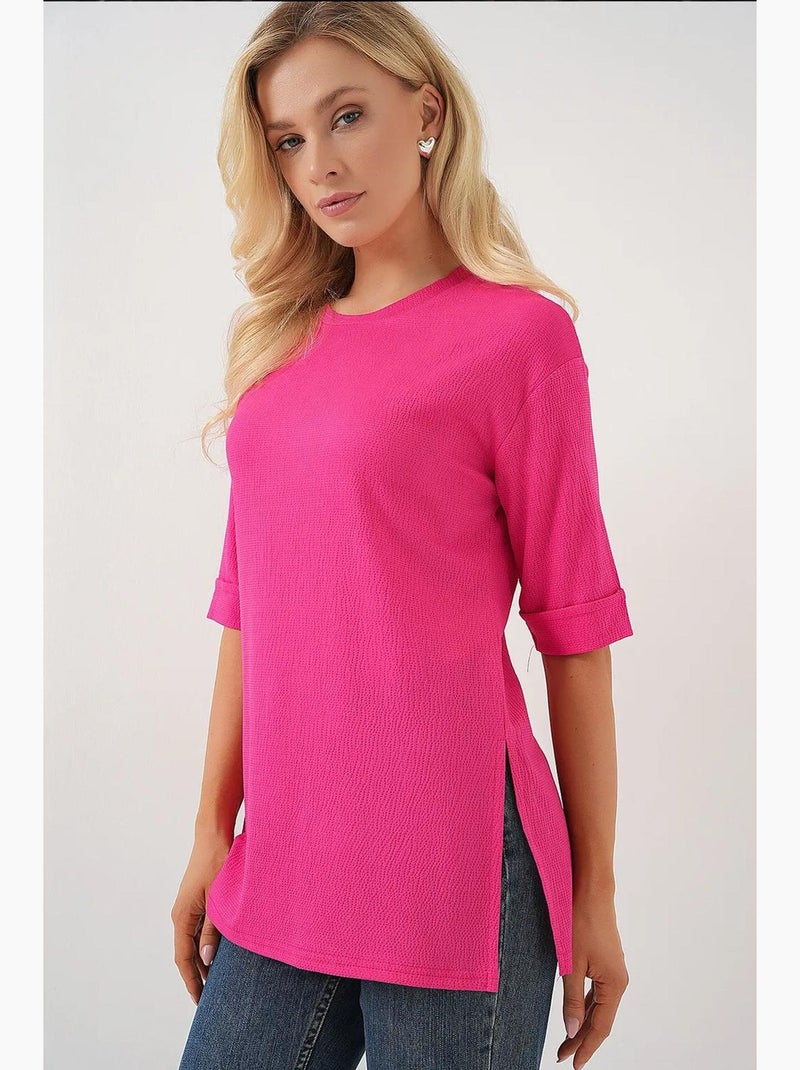 T-shirt testurizzata girocollo a maniche corte bdart Rosa fluo/Solinotes - Kiabi