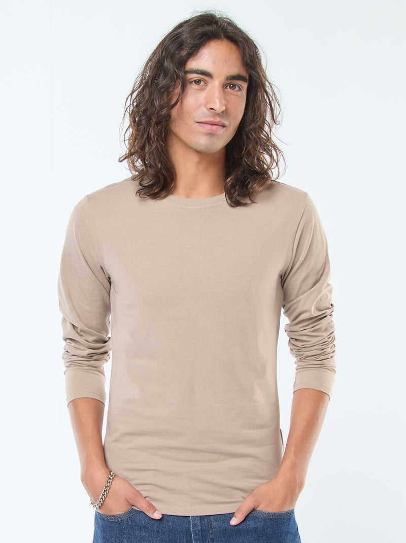 T-shirt tinta unita a maniche corte e scollo tondo Beige - Kiabi