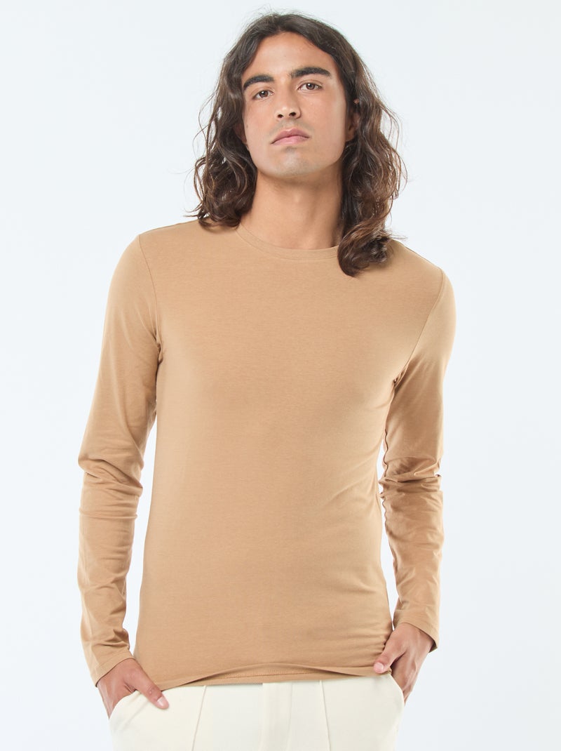 T-shirt tinta unita a maniche corte e scollo tondo Beige - Kiabi