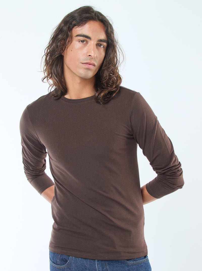 T-shirt tinta unita a maniche corte e scollo tondo Marrone - Kiabi