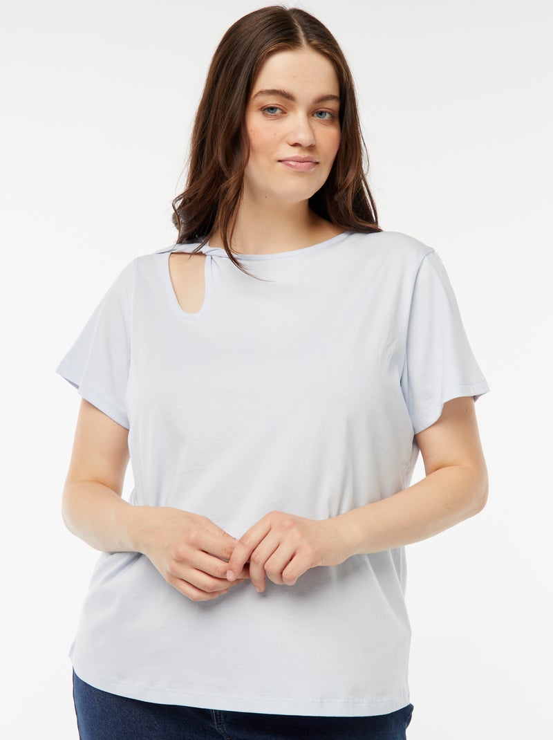 T-shirt tinta unita con cut out traforato ed effetto intrecciato Blu - Kiabi