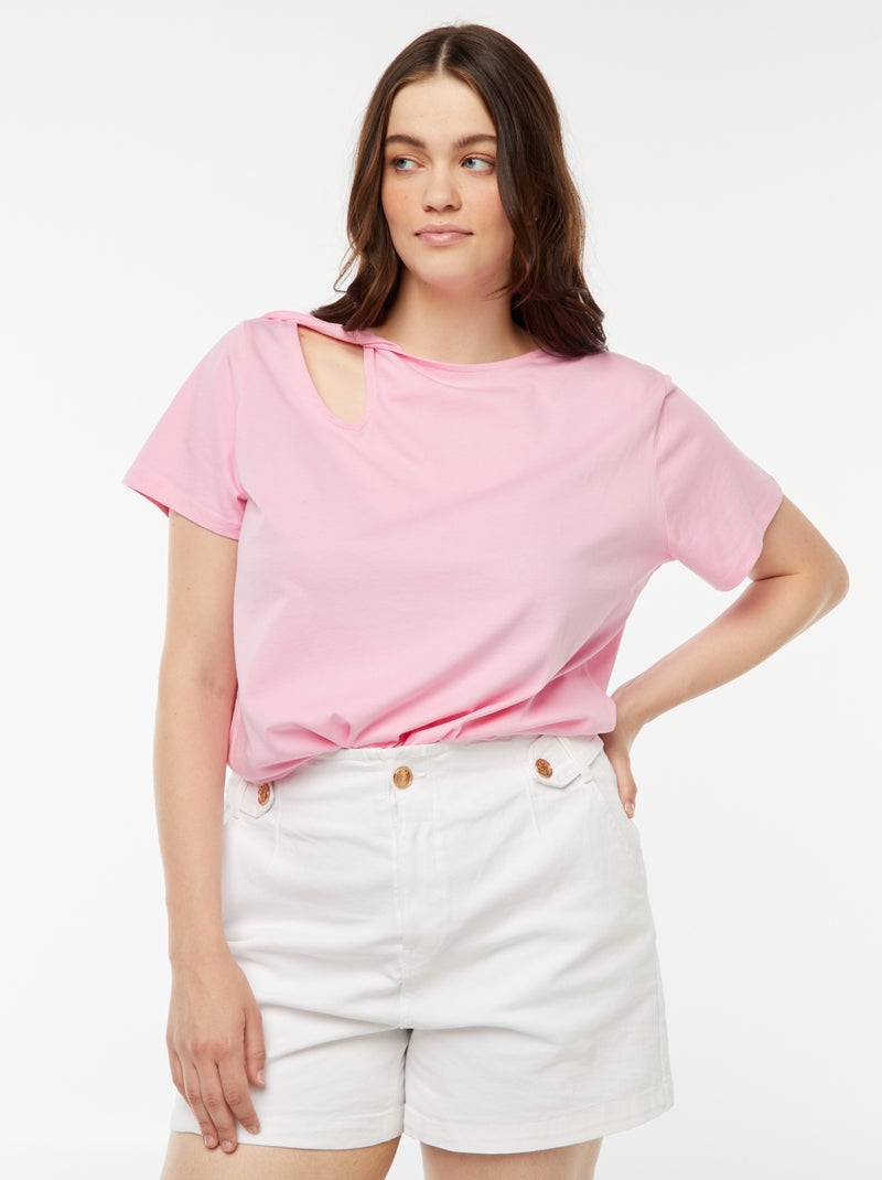 T-shirt tinta unita con cut out traforato ed effetto intrecciato rosa - Kiabi