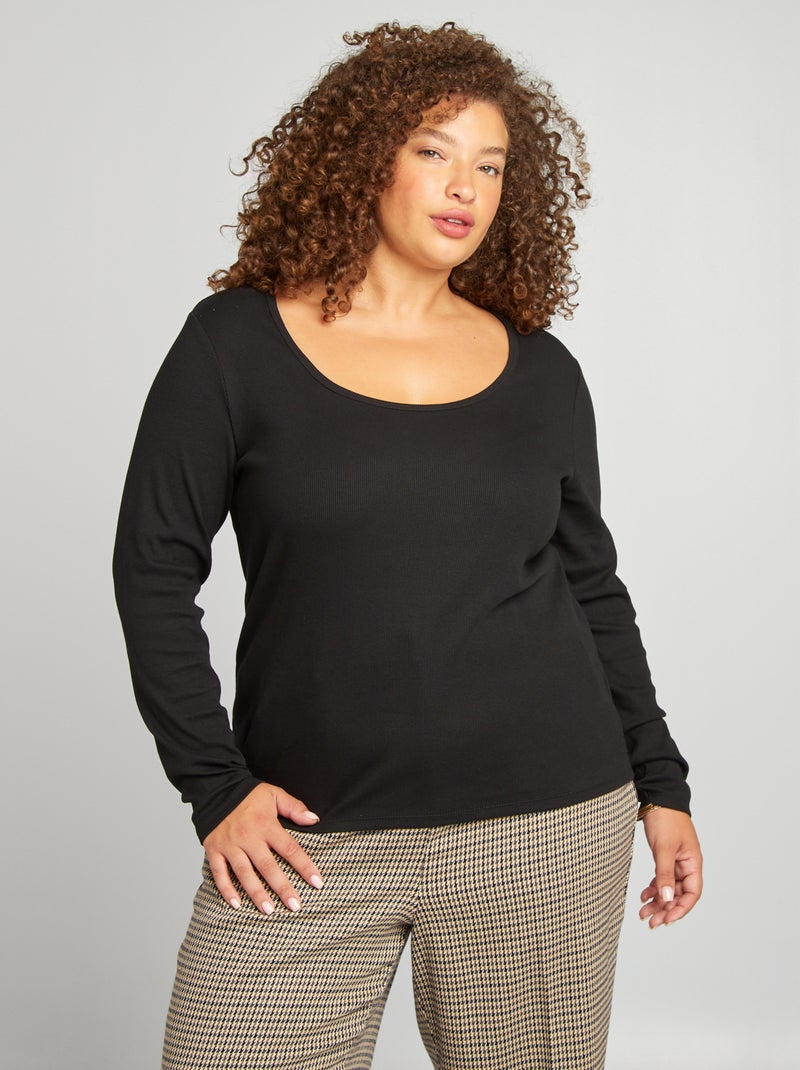 T-shirt tinta unita in maglia a coste nero - Kiabi