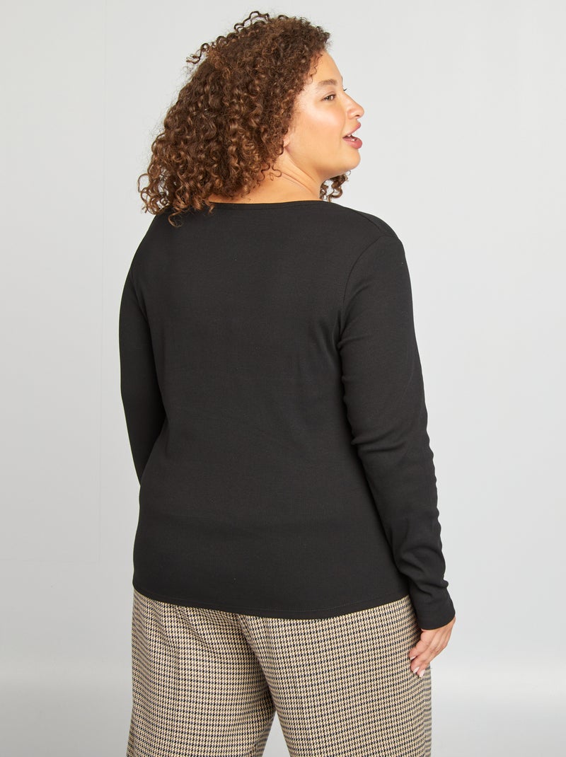 T-shirt tinta unita in maglia a coste nero - Kiabi