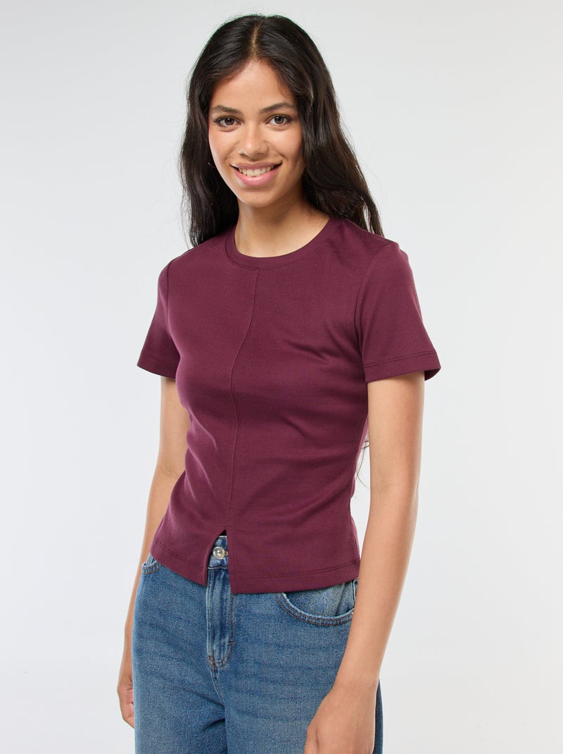 T-shirt tinta unita in maglia finemente a coste Rosso - Kiabi