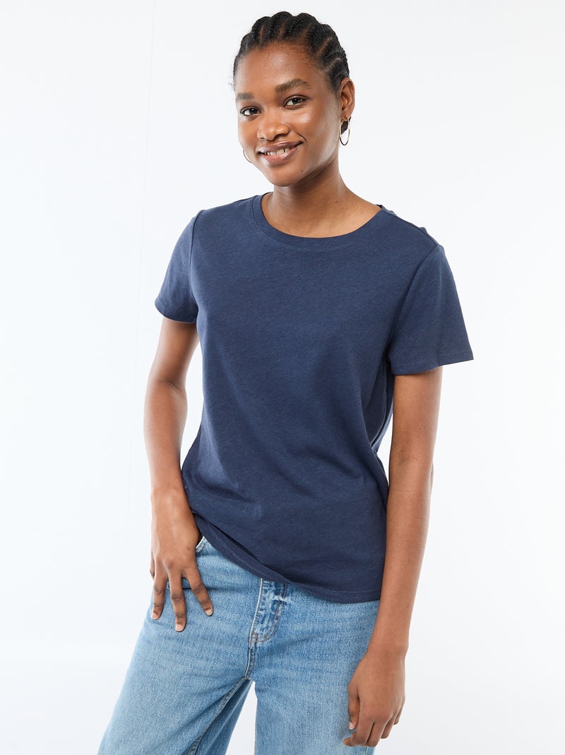 T-shirt tinta unita in misto lino Blu - Kiabi