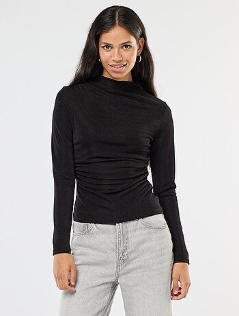 T-shirt basic in tessuto fluido con collo alto