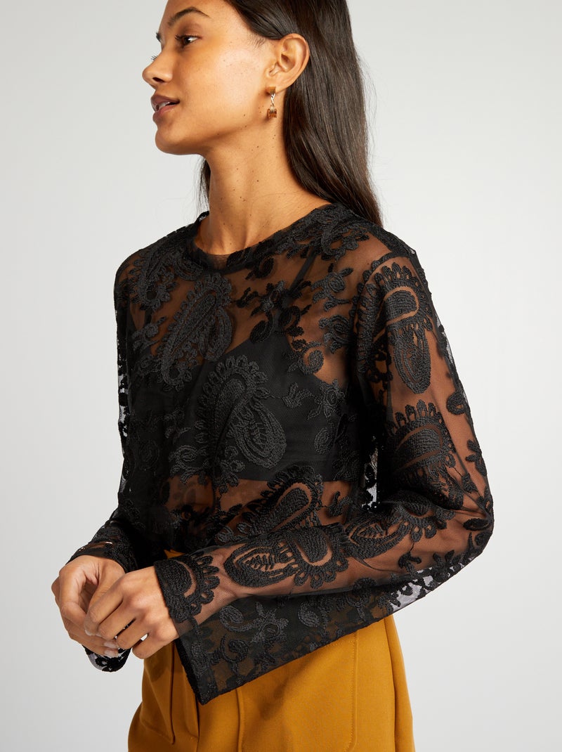 T-shirt trasparente con pizzo e ricamo nero - Kiabi