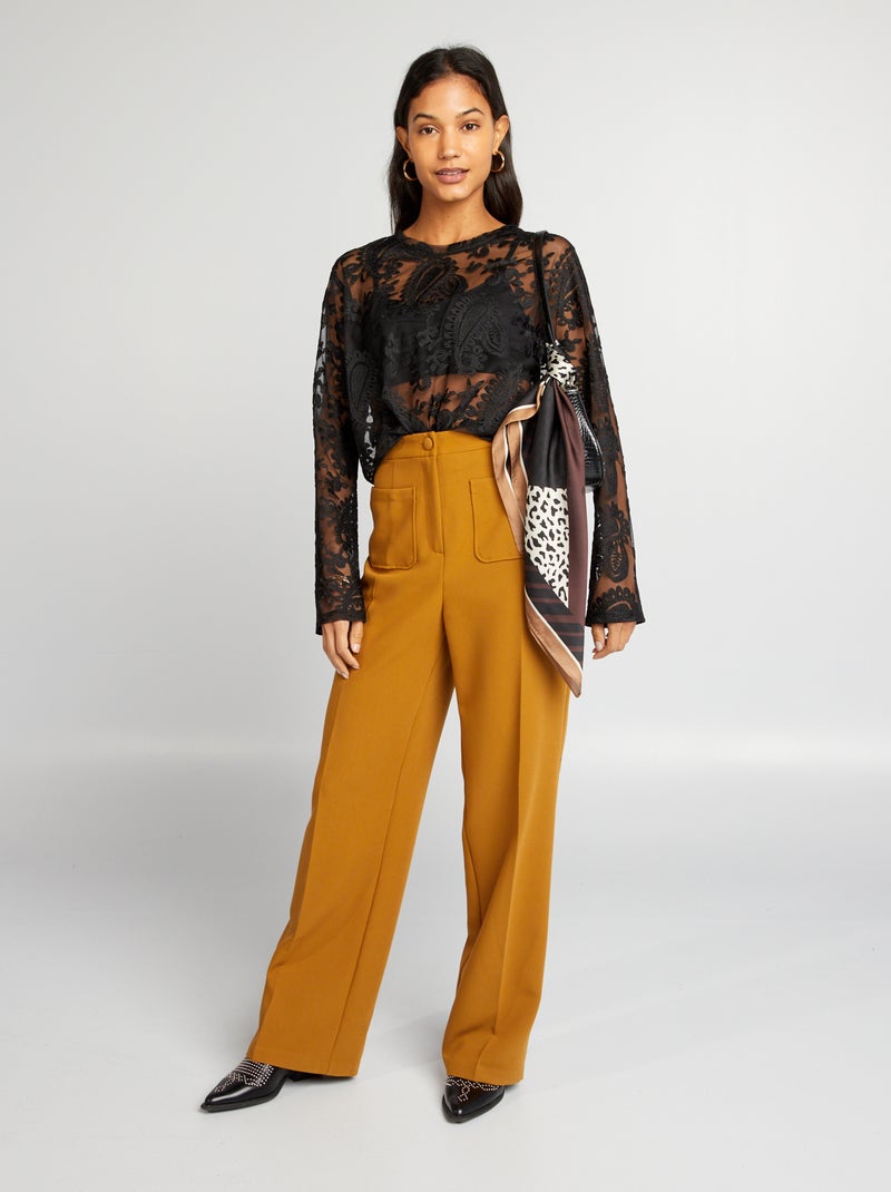 T-shirt Trasparente In Pizzo A Maglia Fine A Maniche Lunghe A Campana Da Donna Tunica Top Chic Ed Elegante Maglietta A Collo Alto Camicia A Collo Alto A Taglio Aderente, Beige, S