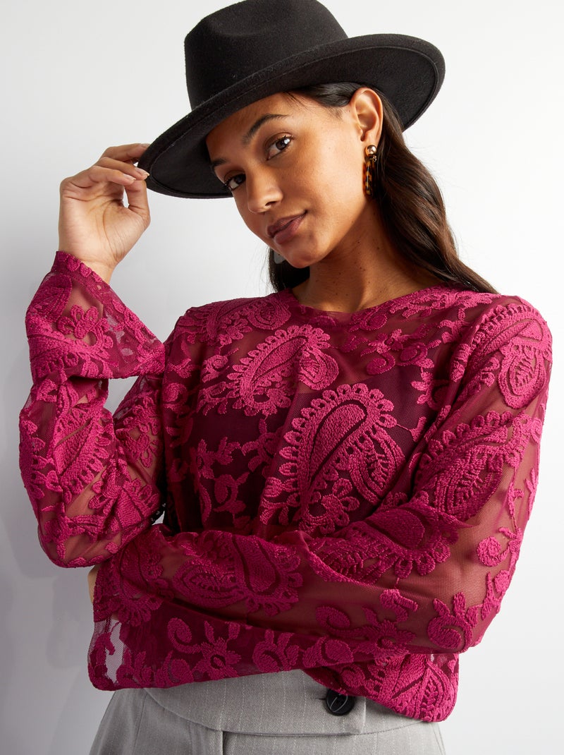 T-shirt trasparente con pizzo e ricamo ROSA - Kiabi