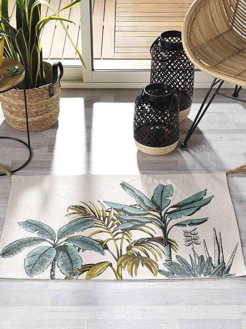 Tappeto con stampa di fogliame esotico e pompon Multicolore - Kiabi