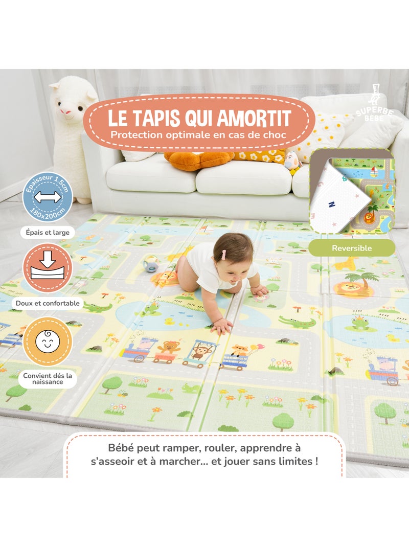 Tappeto gioco pieghevole schiuma, reversibile e impermeabile 180x150x1 ROAD | SUPERBE BEBE Bianco Verde chiaro - Kiabi