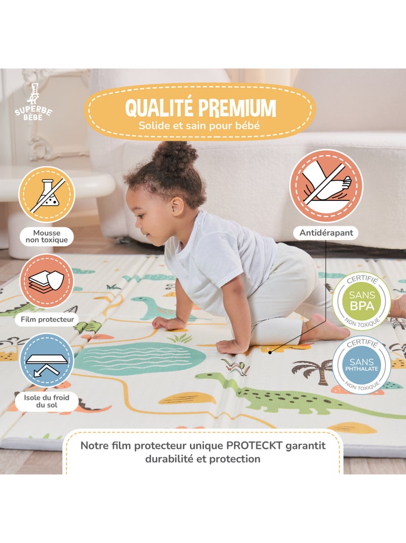 Tappeto gioco pieghevole schiuma, reversibile e impermeabile 200x180x1,5 DINO | SUPERBE BEBE Bianco Arancio Bianco - Kiabi
