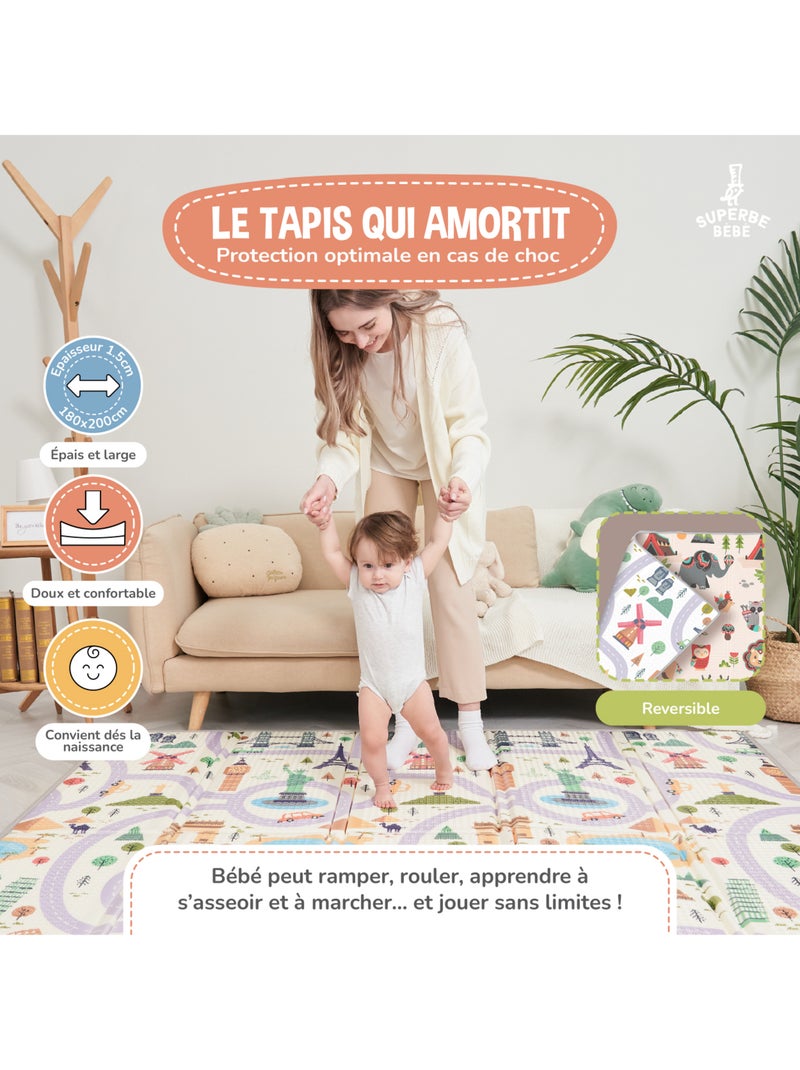 Tappeto gioco pieghevole schiuma, reversibile e impermeabile 200x180x1,5 MONUMENTI | SUPERBE BEBE Bianco Marrone Grigio - Kiabi