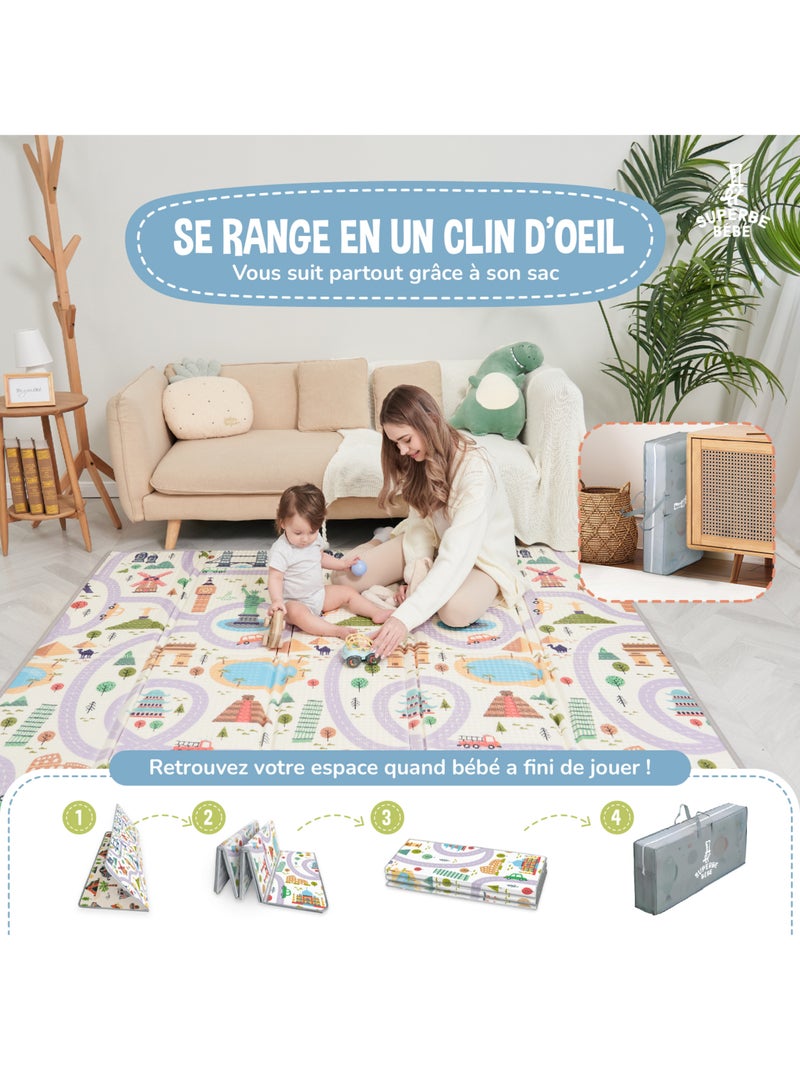 Tappeto gioco pieghevole schiuma, reversibile e impermeabile 200x180x1,5 MONUMENTI | SUPERBE BEBE Bianco Marrone Grigio - Kiabi