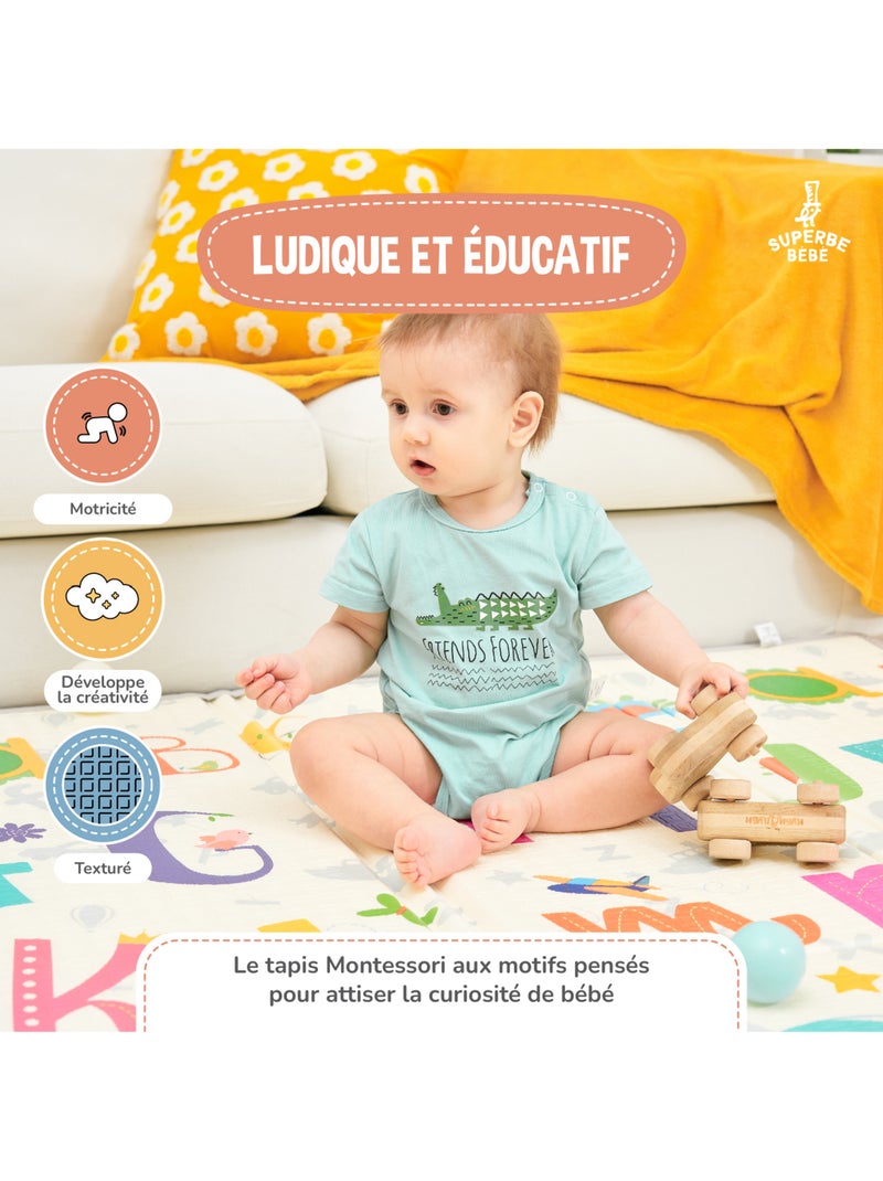 Tappeto gioco pieghevole schiuma, reversibile e impermeabile 200x180x1,5 SAVANNAH | SUPERBE BEBE Bianco Rosa Blu - Kiabi