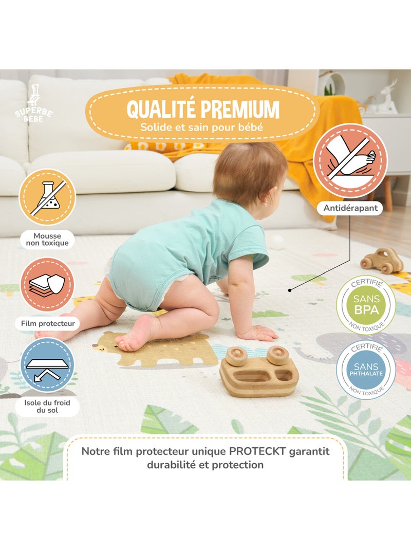 Tappeto gioco pieghevole schiuma, reversibile e impermeabile 200x180x1,5 SAVANNAH | SUPERBE BEBE Bianco Rosa Blu - Kiabi