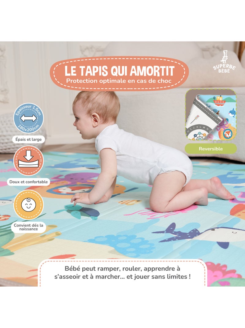 Tappeto gioco pieghevole schiuma, reversibile e impermeabile 200x180x1,5 SEA | SUPERBE BEBE Blu oltremare - Kiabi
