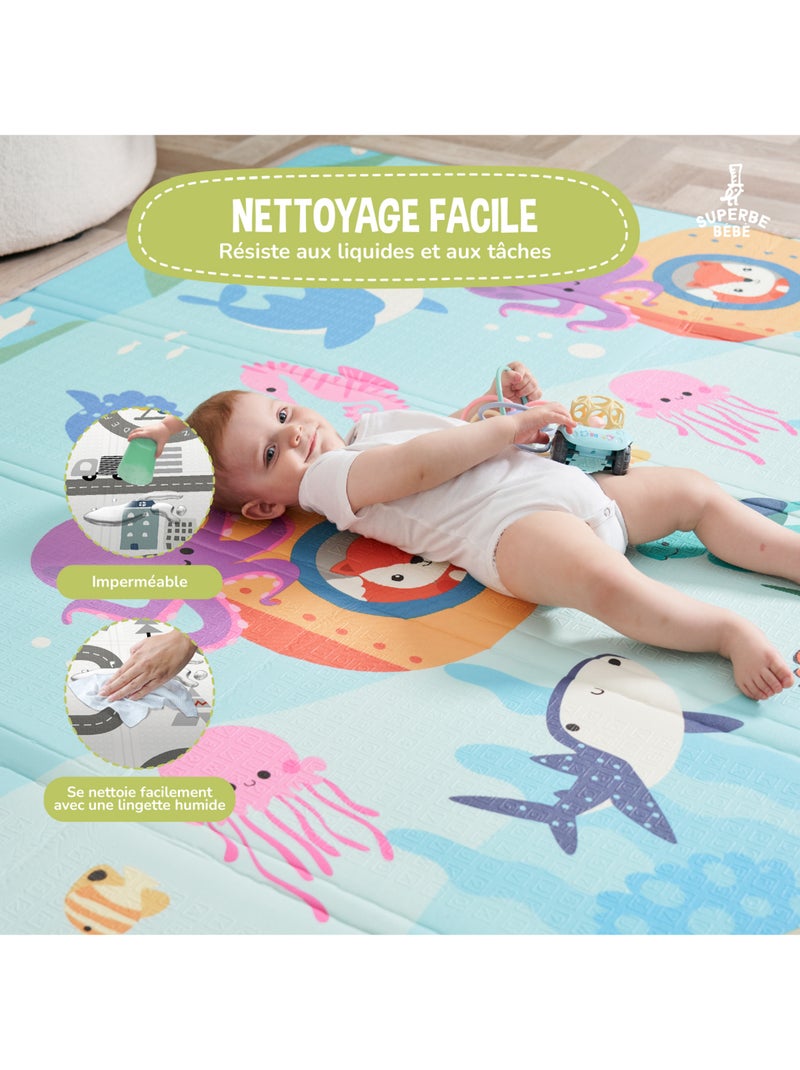 Tappeto gioco pieghevole schiuma, reversibile e impermeabile 200x180x1,5 SEA | SUPERBE BEBE Blu oltremare - Kiabi