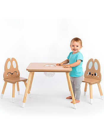 Tavolo bambini in legno con contenitore e 2 sedie design coniglio – Mamabrum