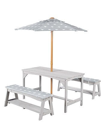 Tavolo e panche da giardino per bambini con parasole e 2 cuscini "Roba Outdoor+