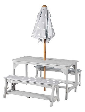 Tavolo e panche da giardino per bambini con parasole e 2 cuscini "Roba Outdoor+