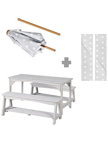 Tavolo e panche da giardino per bambini con parasole e 2 cuscini "Roba Outdoor+