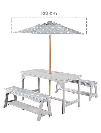 Tavolo e panche da giardino per bambini con parasole e 2 cuscini "Roba Outdoor+