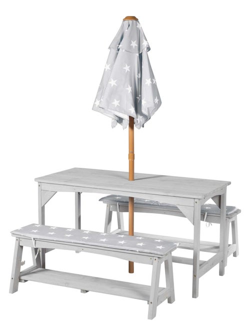 Tavolo e panche da giardino con parasole e 2 cuscini per bambini "Roba Outdoor+" - Kiabi