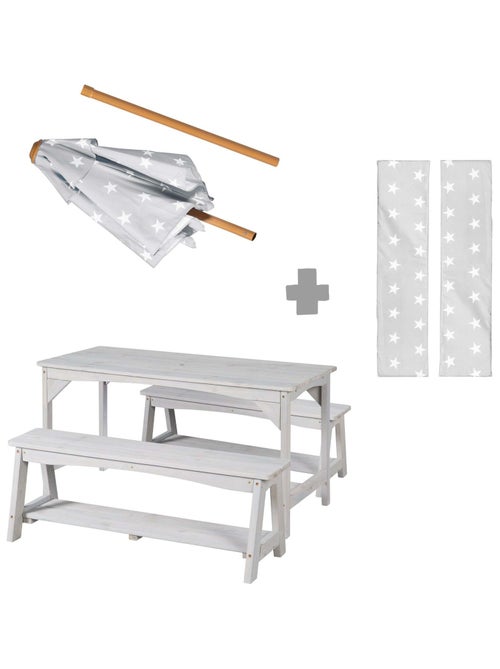 Tavolo e panche da giardino con parasole e 2 cuscini per bambini "Roba Outdoor+" - Kiabi