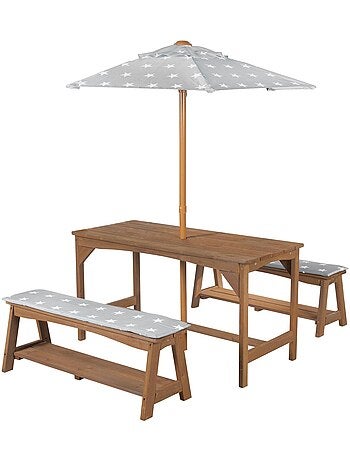 Tavolo e panche da giardino per bambini con parasole e 2 cuscini "Roba Outdoor+