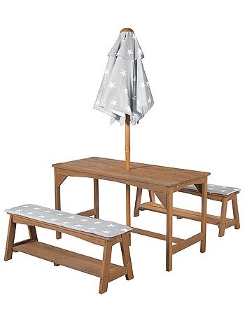 Tavolo e panche da giardino per bambini con parasole e 2 cuscini "Roba Outdoor+