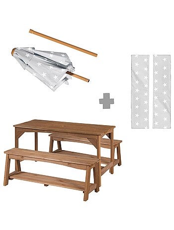 Tavolo e panche da giardino per bambini con parasole e 2 cuscini "Roba Outdoor+