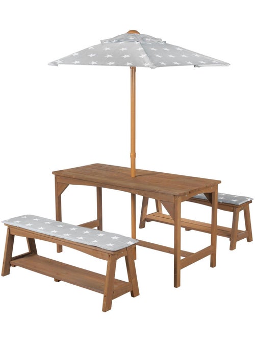 Tavolo e panche da giardino per bambini con parasole e 2 cuscini "Roba Outdoor+" - Kiabi