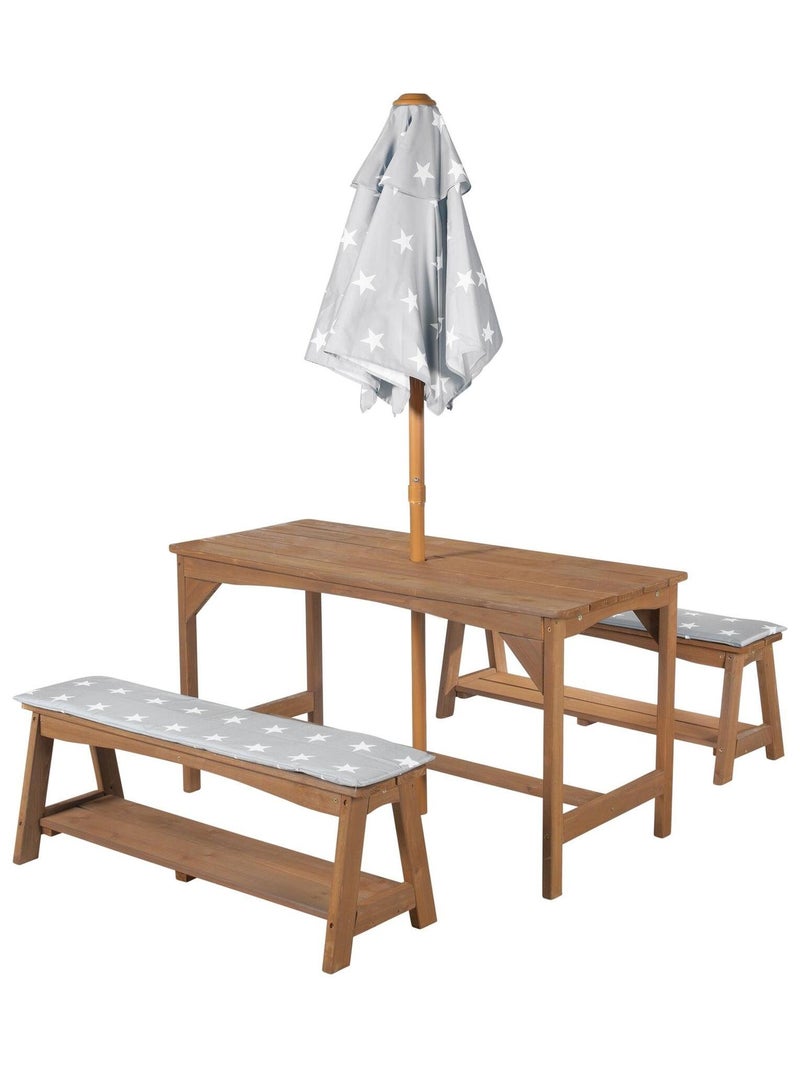 Tavolo e panche da giardino per bambini con parasole e 2 cuscini "Roba Outdoor+" Marrone - Kiabi
