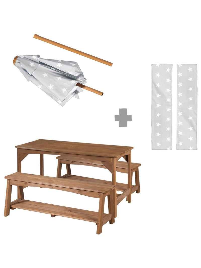 Tavolo e panche da giardino per bambini con parasole e 2 cuscini "Roba Outdoor+" Marrone - Kiabi