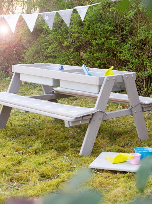 Tavolo sabbia e acqua in legno massello per picnic con 2 cuscini – 4 posti "Roba Outdoor+ Play" - Kiabi