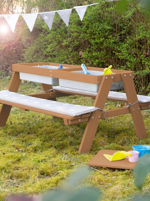 Tavolo sabbia e acqua in legno massello per picnic con 2 cuscini – 4 posti "Roba Outdoor+ Play" - Kiabi