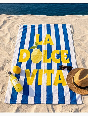 Telo Mare 100x180 cm 100% Poliestere | La Dolce Vita Limone Strisce Blu & Giallo Mediterraneo XL