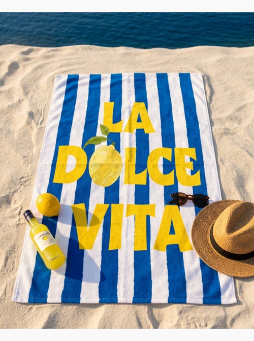 Telo Mare 100x180 cm 100% Poliestere | La Dolce Vita Limone Strisce Blu & Giallo Mediterraneo XL - Kiabi